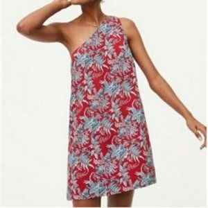 Loft One Shouldered Red Floral Dress Size Large
